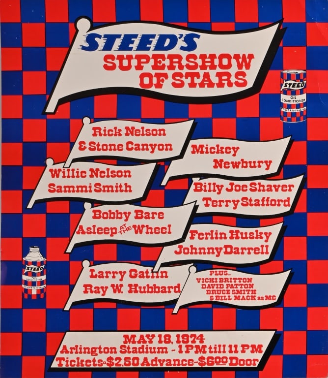 Steed's Supershow of Stars Poster, Arlington '74: Steed's Supershow of Stars, Arlington Stadium, 5/18/1974. From the collection of longtime Willie Nelson artist, Steve Brooks. Measures 16.75" x 19.5"