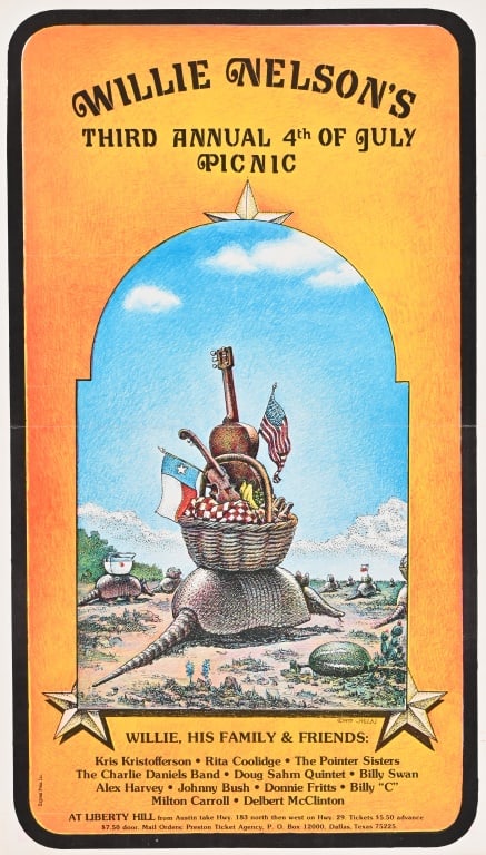 Willie Nelson's 3rd Annual 4th of July Poster 1975: Liberty Hill, 4th of July Picnic 7/4/75, poster by Jim Franklin. Horizontal fold line through center. From the collection of longtime Willie Nelson artist, Steve Brooks. (11x17)