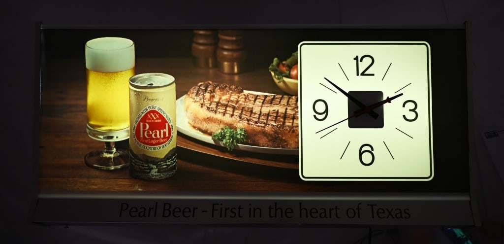 Pearl Beer Lighted Advertising "Steak" Clock, 1975: Great working condition, 8" x 16" x 37"