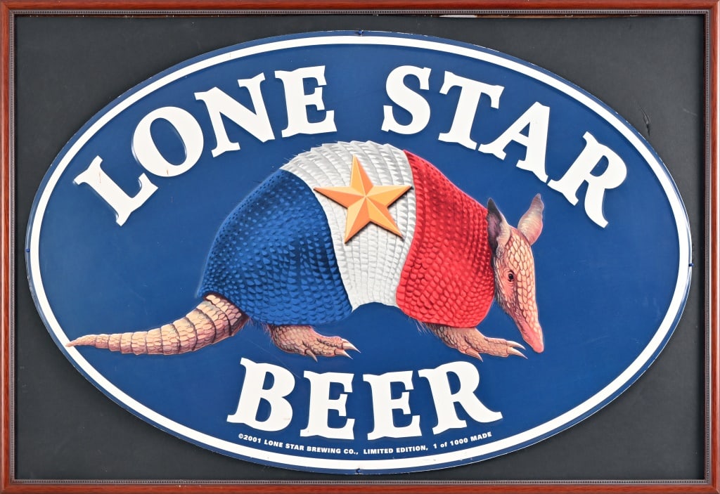 Lone Star Beer 2001 Armadillo Oval Tin Sign: Limited edition 1 of 1000, Circa 2001. Measures 22 1/2" x 34". From the collection of Willie Nelson & Family member Scooter Franks.