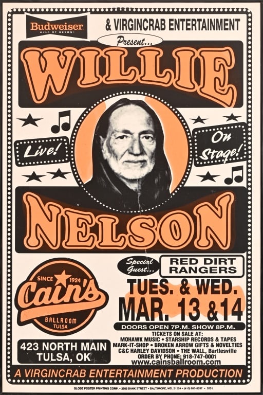 Willie Nelson Cain's Ballroom 2001 Concert Poster: Mar. 13 & 14, 2001. 22" x 33".