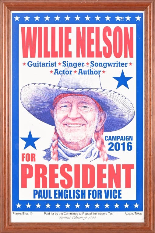 Willie Nelson For President 2016 Election Poster: Measures 14x22. Framed 16x24.