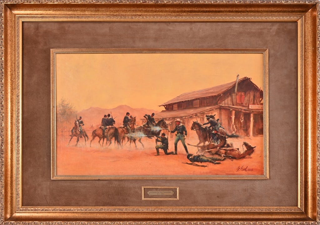 "Fort Yuma" Guy Deel Original Oil Painting: Original cover art by Guy Deel for J.T. Edson's pulp western novel, "Rio Guns". Oil on canvas 24x30. Includes smaller original sketch for same novel on backside.