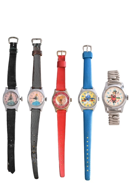 Collection of (5) Vintage Character Watches: Barbie c.1964, Yogi c.1964, Smurfs c.70's, (2) Cinderella watches.