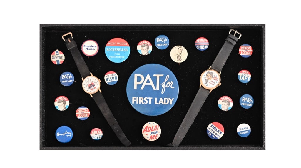 Vintage Presidential Campaign Watches & Buttons: Spiro Agnew & Jimmy Carter character watches. Also includes campaign buttons for Roosevelt, McKinley, Kennedy, Johnson, Nixon, Humphrey, Rockefeller and more.