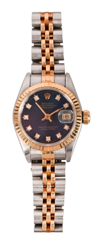Rolex Ladies Date Just 18k Stainless Watch: 18k and Stainless Steel Oyster Perpetual Date Just Ladies' Watch.