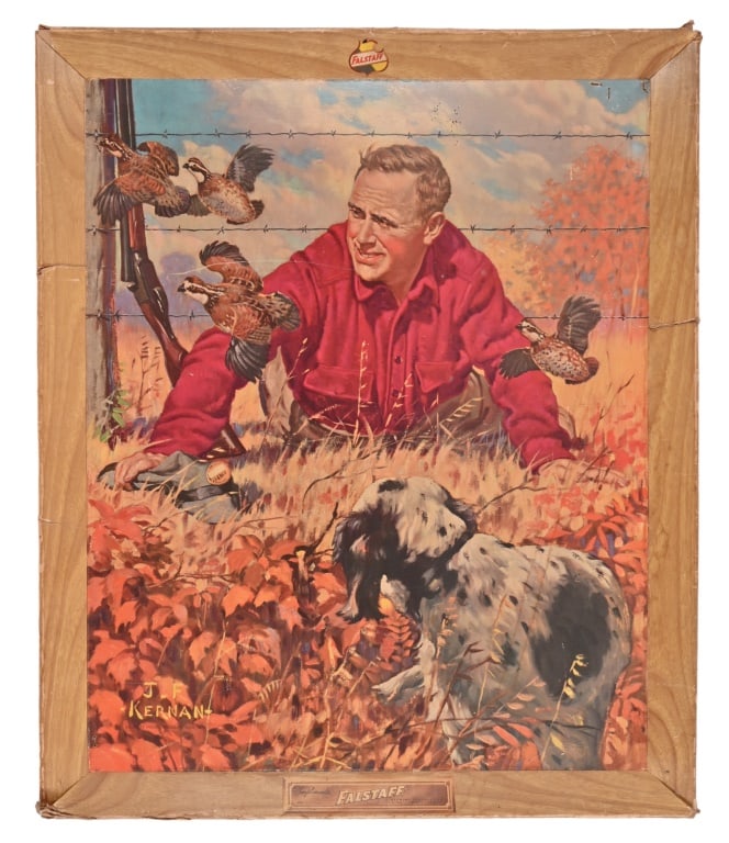 Falstaff Beer 1950's Quail Hunter Cardboard Litho: Circa 1950's, Falstaff Beer, self-framed cardboard advertising lithograph from original painting by J.F. Kernan. 27" x 33"