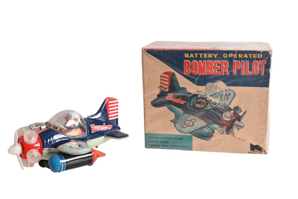 Vintage KO Toys Tin Bomber Pilot Battery Operated: With original box. Series No. 5022. 10.5" x 9.5" x 5".