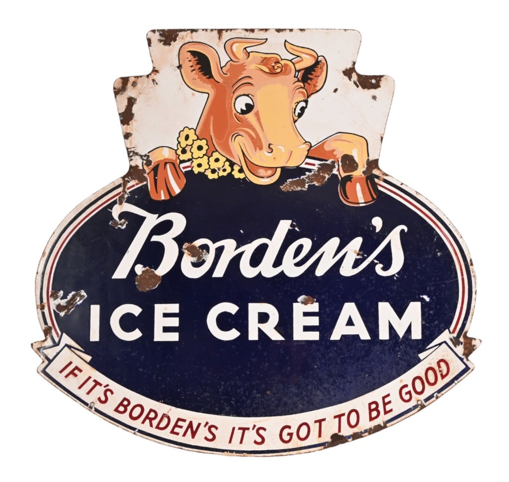 Borden's Ice Cream Double-Sided Porcelain Sign: Multiple touch-ups in areas of white, measures 36" x 37"