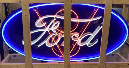 Ford V-8 Neon Over Porcelain Dealership Sign