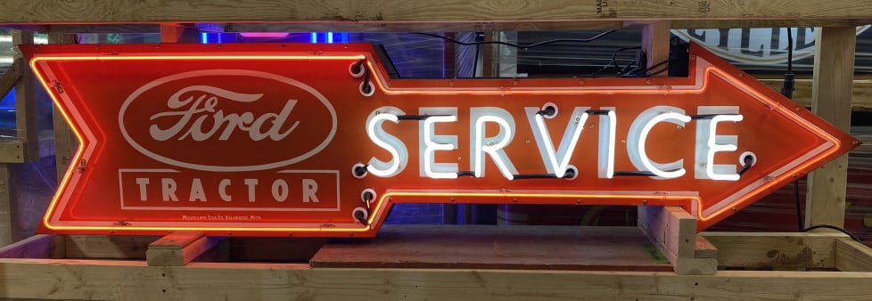 Ford Service Red Tractor Neon Sign: Contemporary neon over porcelain sign. Single sided wall mount 19" x 80" x 9.5".