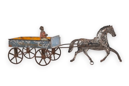 Antique Tin Toy Horse & Wagon With Driver