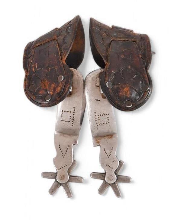 Crockett & Montana Brand L7 Marked Spurs & Straps: Crockett marked spurs, with Montana "L7" brand on spurs AND straps. Irish lucky clover tooled period leather straps