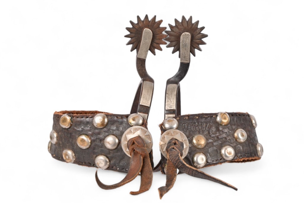 Antique E&D Silver Mounted Spurs w/ Frazier Straps: Engraved, silver mounted spurs, with makers mark E&D. Equipped with R.T. Frazier, Pueblo Colorado marked straps.