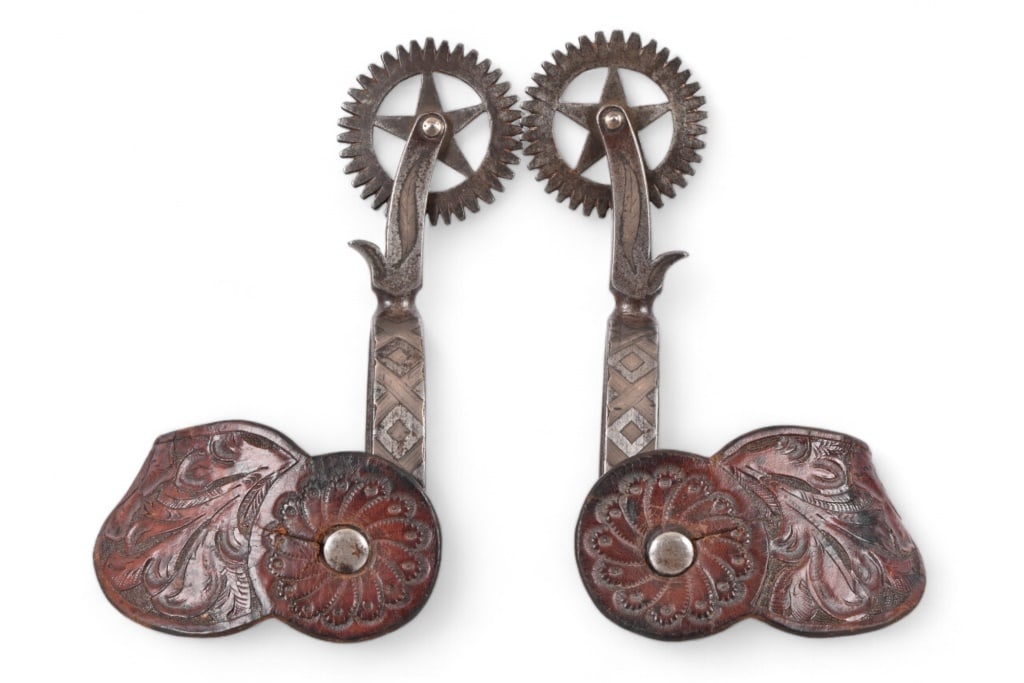 Unmarked Personalized Custom Spurs Dated 1889: Double mounted with "XXX" on heelband of one side, with feather along shank. Dated May 8,1889 on opposite side shank inlay, partially legible initials "AWK" on heelband inlay. Attributed to ranch near