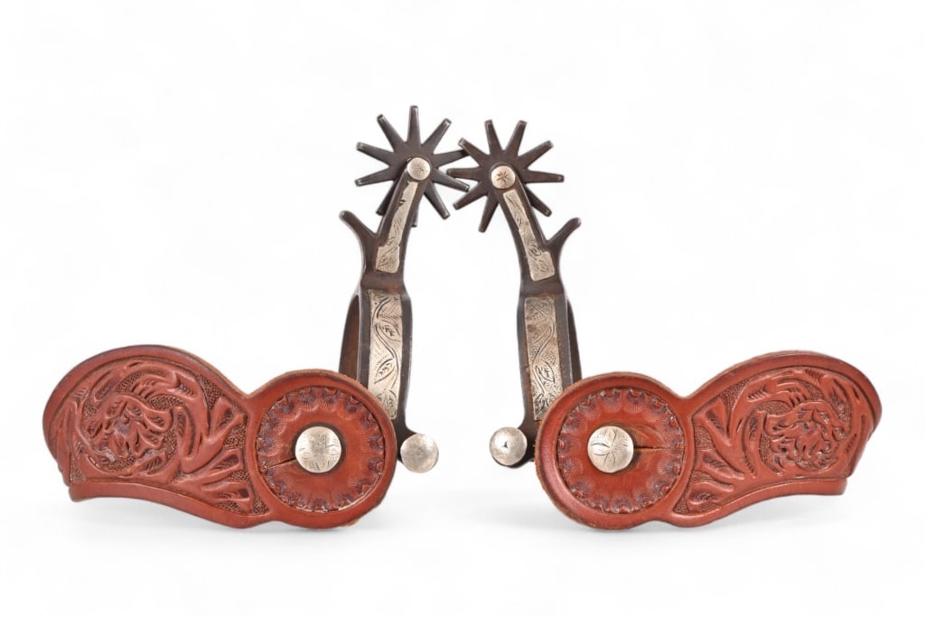 Canon City Prison Rare Split Shank Spurs: No other known examples of "Cheyenne" split shank spurs produced from Canon City prison. Single mounted overlay with floral engraved design.