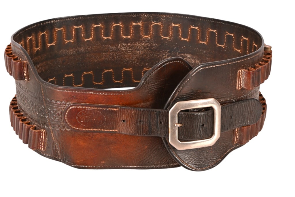 Rare R.A. Bennett Wyoming Double Cartridge Belt: Buffalo, Wyoming. .45 Caliber Cartridge Belt. 47" x 5 3/16" attributed to Black Billy of Range Wars fame. no documentation.