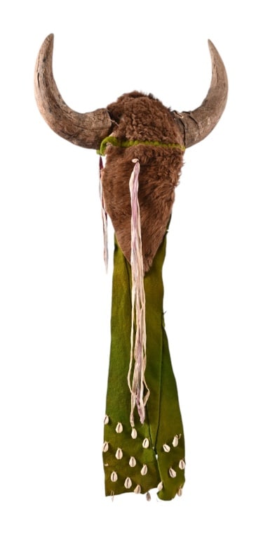 Buffalo Horn Shaman Head Dress: Buffalo horns sit upon the head, draped with trade cloth, seashells and buffalo hide. Original authentic shaman head dress.