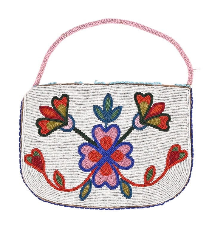 Yakama Indian Tribe Attributed Beaded Purse: Inland Indian purse/ ladies' bag, very colorful beading over brain tanned hide backing, Yakama Indian tribe. 6" x 8.5"