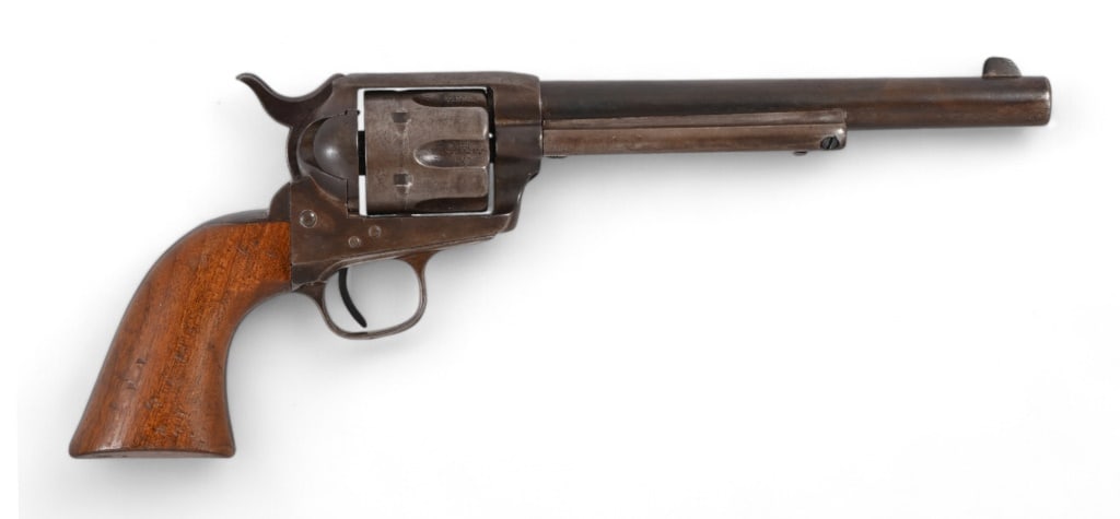 Colt 1873 SAA New York Shipped .44-40 Revolver: SN 51967, a copy of Colt factory letter notes shipment to Schuyler, Hartley and Graham, New York, May 31,1879. Original finish numbers matching first generation Colt SAA. 7.5" barrel. Fair bore, very 