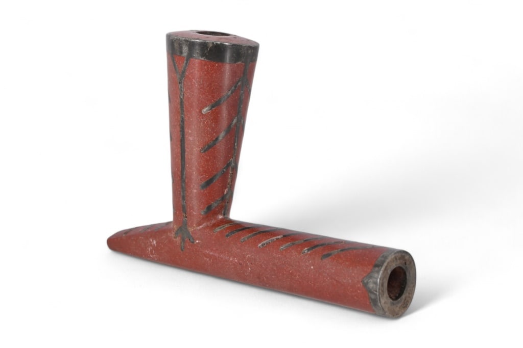 Large Pewter Inlayed Indian Pipe: Overall measures 3.5" x 5.5"