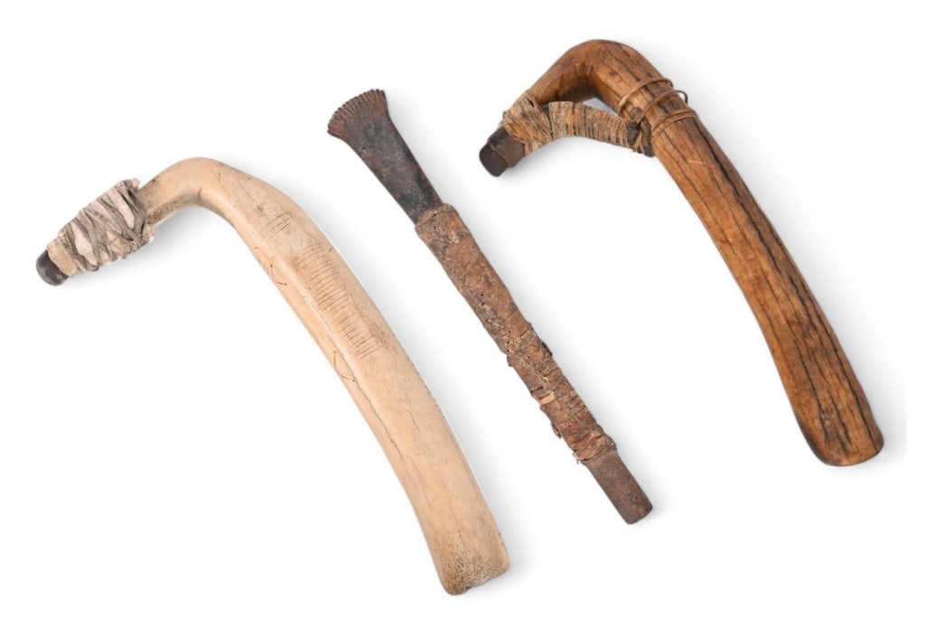 Collection Of (3) American Indian Hide Scrapers: (2) Hide Scrapers made of bone has markings showing number of hides scraped 12.5". (1) Made from gun barrel rawhide wrapped 12".