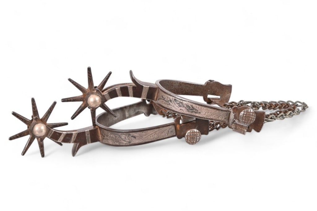 AB Buermann Marked Spurs w/ Chains: Star marked with silver inlay, 2.25" rowels, heel chains.