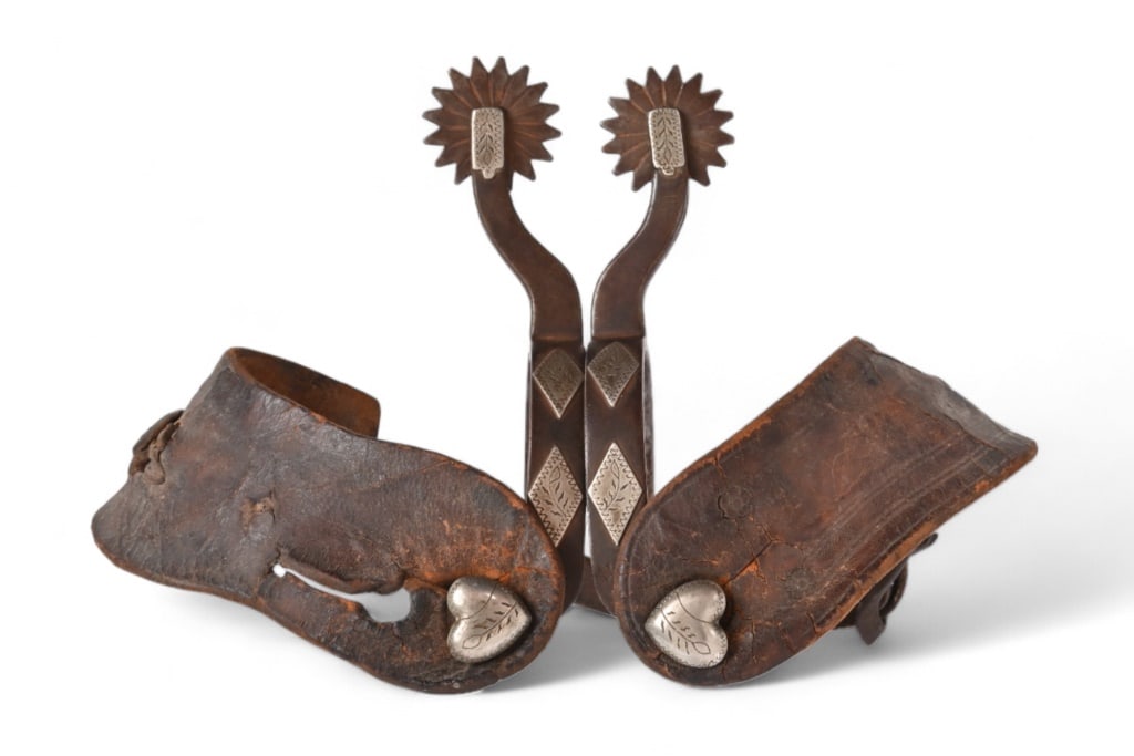 AB Buermann Silver Mounted Heart Button Spurs: Double diamond silver mounted heel band, scarce heart mounted button, period leather straps.