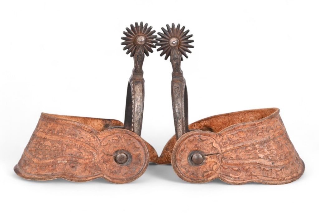 AB Buermann Silver Mounted Ladies Spurs: Period basket-weave tooled leather straps