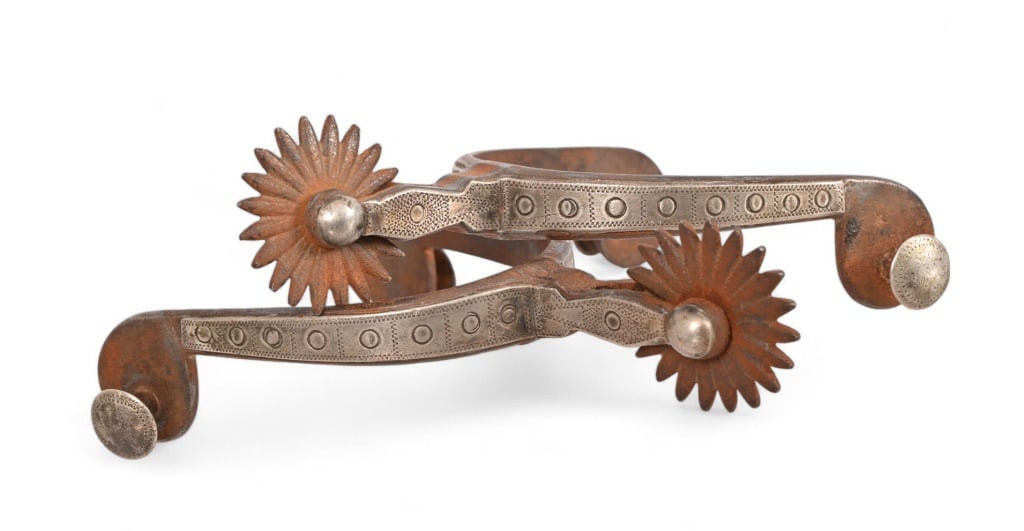 Early AB Buermann Double Mounted Spurs: Engraved silver overlay, 1" rowels, Buermann star hallmarked.