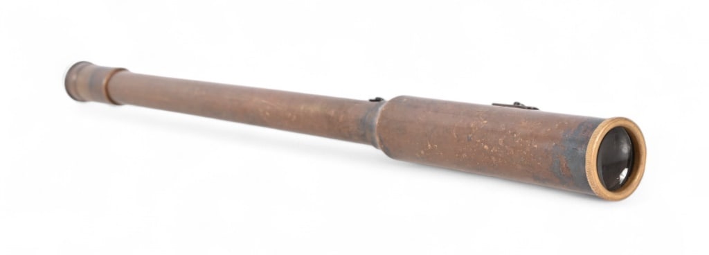 Antique Brass Rifle Scope: Retains both end glass, missing internals. Measures 16"