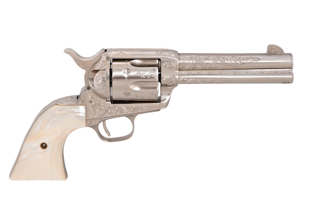 San Antonio Police Department Shipped Colt SAA .45: SN 350893. Marked S.A.P.D. No. 85 under pearl grips. Modern.