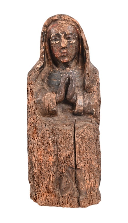 Carved Wood Virgin Mary Santa Fe New Mexico: Old carved Mary with glass eyes from Santa Fe area New Mexico. Approx. 13-1/2" H.