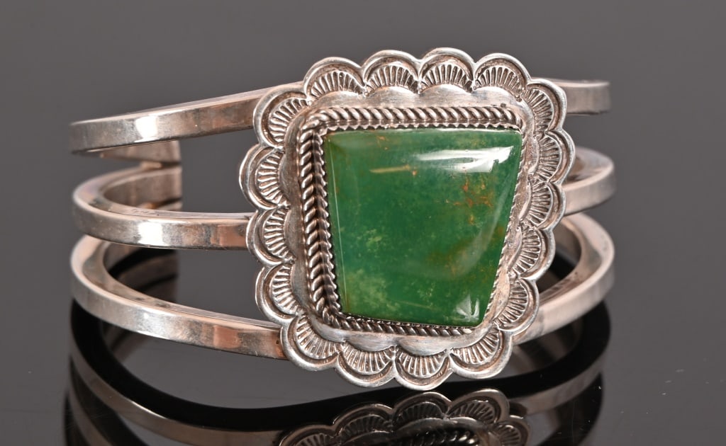 A&J Blackgoat Sterling & Turquoise Cuff Bracelet: Arnold & Jenny Blackgoat Sterling & Turquoise Bracelet.