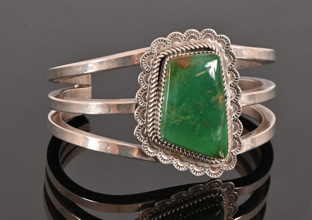 A&J Blackgoat Sterling & Turquoise Cuff Bracelet: Arnold & Jenny Blackgoat Sterling & Turquoise Bracelet.