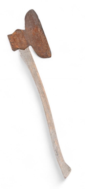 Antique Railroad Tie Hack Axe: Attributed to Dubois, Wyoming. Blade measures 12" x 8.5". Overall length 40"