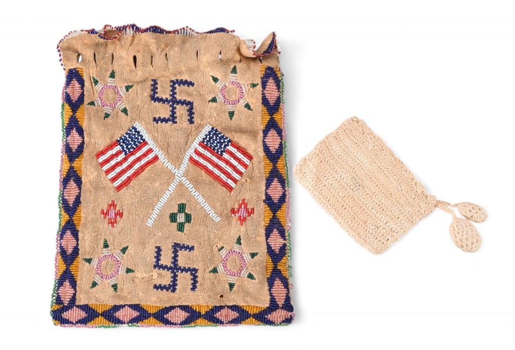 Indian Beaded Bag w/ American Flag, Whirling Logs: Brain tanned beaded hide bag with medicine designs, crossed American Flags, and whirling logs. Measures 9" x 11.5"
