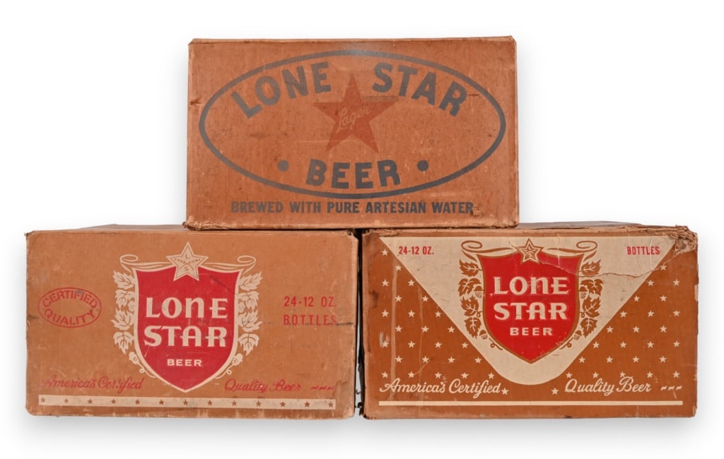 (3) Lone Star Beer Vintage Cardboard Beer Boxes: (1) Lone Star Beer blue oval logo circa 1940-1942, (2) Lone Star Beer shield logos circa 1958-1959. All measure 10"x11.5"x17"