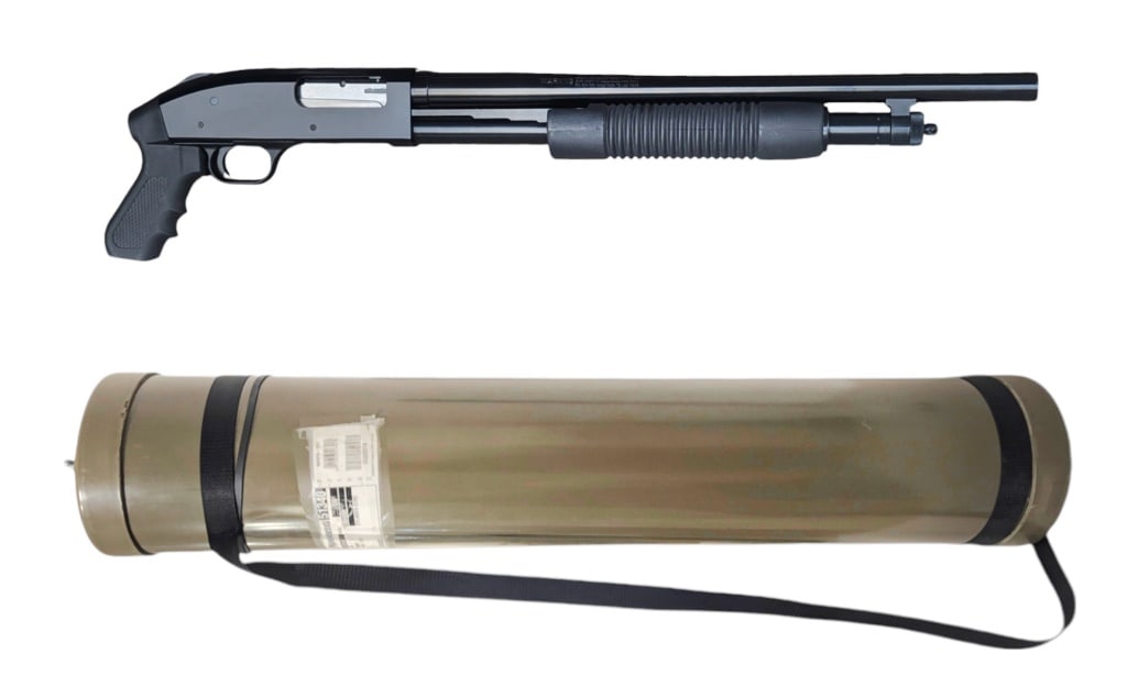 Mossberg Model 500 Cruiser In Survival Tube: SN U322018. Model 500 Cruiser with pistol grip, 18.5" cylinder bore barrel. Very good condition. Comes with 6" x 32" survival tube. Modern.