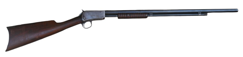 Winchester Model 1890 Take-Down Pump Action .22WRF: S/N 167772. 24" octagon barrel, dark bore with rifling. Solid action, metal retains some bluing, wood is nice. Modern.