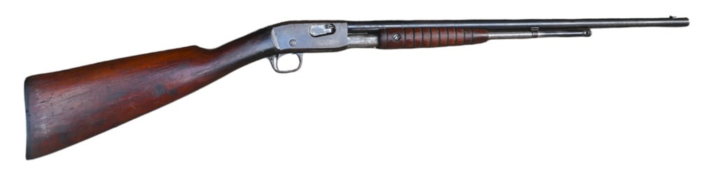 Remington Model 12-A Pump Action .22 Rifle: RW495316. 22" barrel, good bore. Action works, gray patina metal, wood is solid with scuffs and handling marks. Modern.