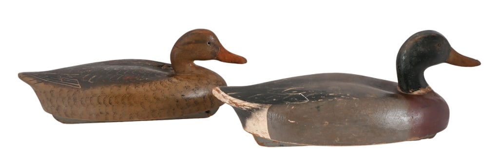 Pair of Hand Carved Mallard Duck Decoys: Both Solid. 6 1/2" x 7" x 16" and 6 1/2" x 6 1/2" x 15 1/2".
