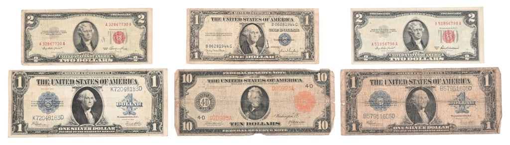 Vintage Silver Certificates & Red Seal Bills: Total of six (6) bills. Three (3) Silver Certificates Series 1935D, Two (2)1923. Two Dollar Red Seal Series 1953A &1953. Ten Dollars Red Seal Series 1914.