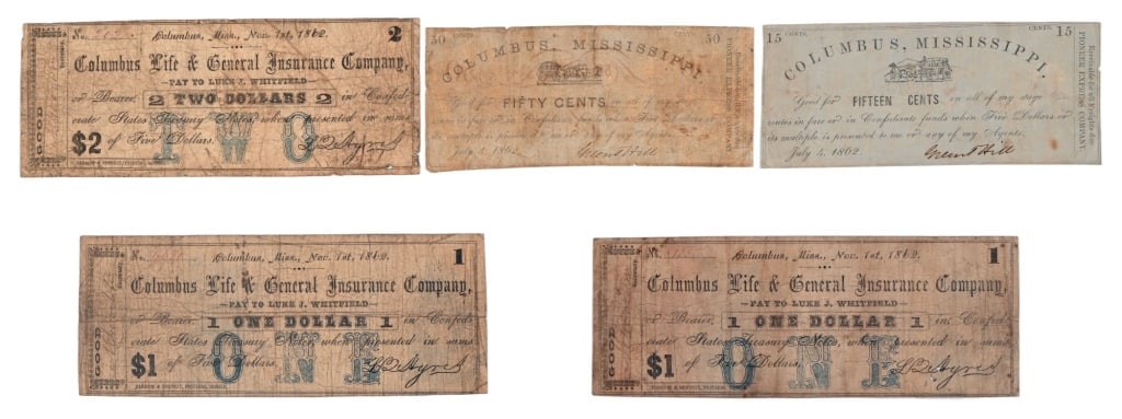5 Mississippi Civil War Currency Notes: 1862 Columbus, Mississippi. 15 Cents, Fifty Cents, (2) One Dollar and $2.
