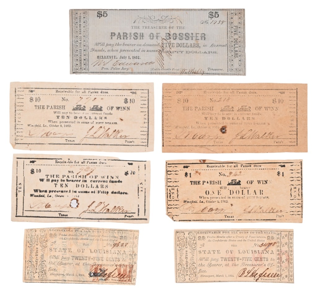 Collection of 7 Louisiana Civil War Currency Notes: 1862 The Parish Of Winn $1 and (2) $10, 1862 Parish Of Bossier $5, (2) 1864 State of Louisiana Twenty-Five Cents, The Parish Of Winn $10.