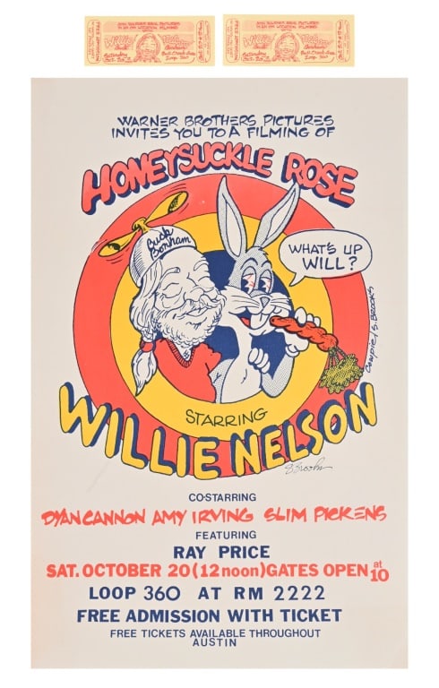 Willie Nelson "Honeysuckle Rose" Film Poster/Stubs: 2 Ticket stubs and location filming poster for Willie Nelson's "Honeysuckle Rose", October 20, 1979. Poster measures 11.25" x 17.25", artists Cowpie and Steve Brooks. From the collection of longtime W