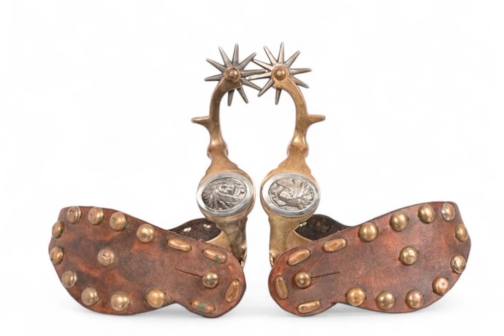 AB Buermann Hercules Bronze Indian Pattern Spurs: Period spotted straps, 1.75" rowels