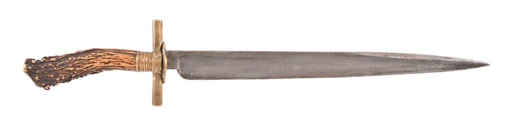 Antique German Stag Handle Fighting Knife & Sheath: Brass guard and 13" dirk or dagger point blade. Original leather and brass trim frog scabbard, with acorn motif. Overall length 19"