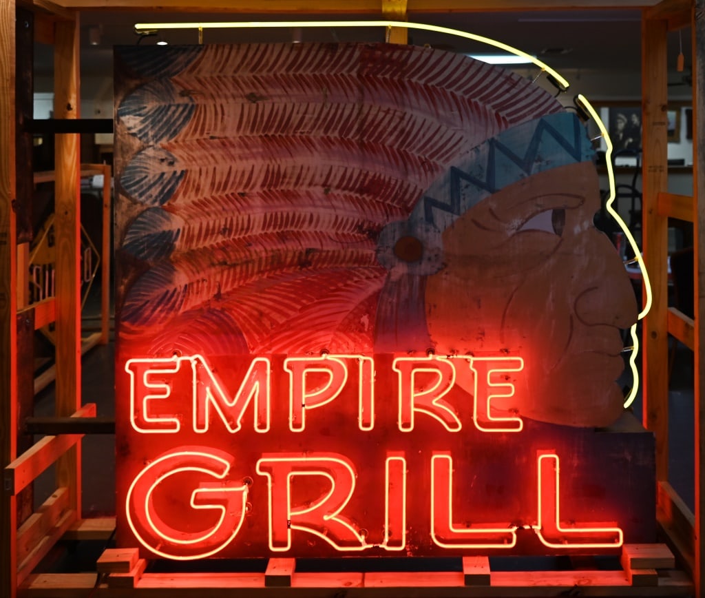 Empire Grill Neon Indian Advertising Sign: Original Empire Grill neon sign. Hung in Maine on the Empire Grill cafe for many years. Double-sided. Sign, 74" x 74" x 15. Brackets are 15-1/2" x 33" x 7". Item pick up recommended.
