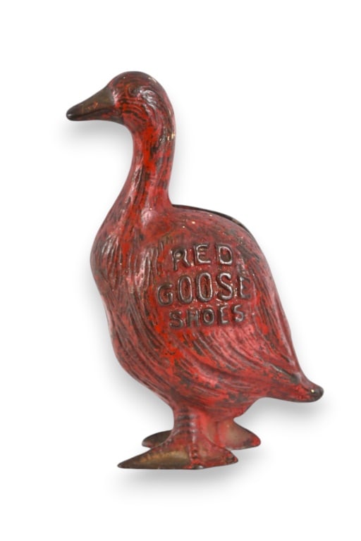 Red Goose Shoes Advertising Cast Iron Piggy Bank: 3.75" tall